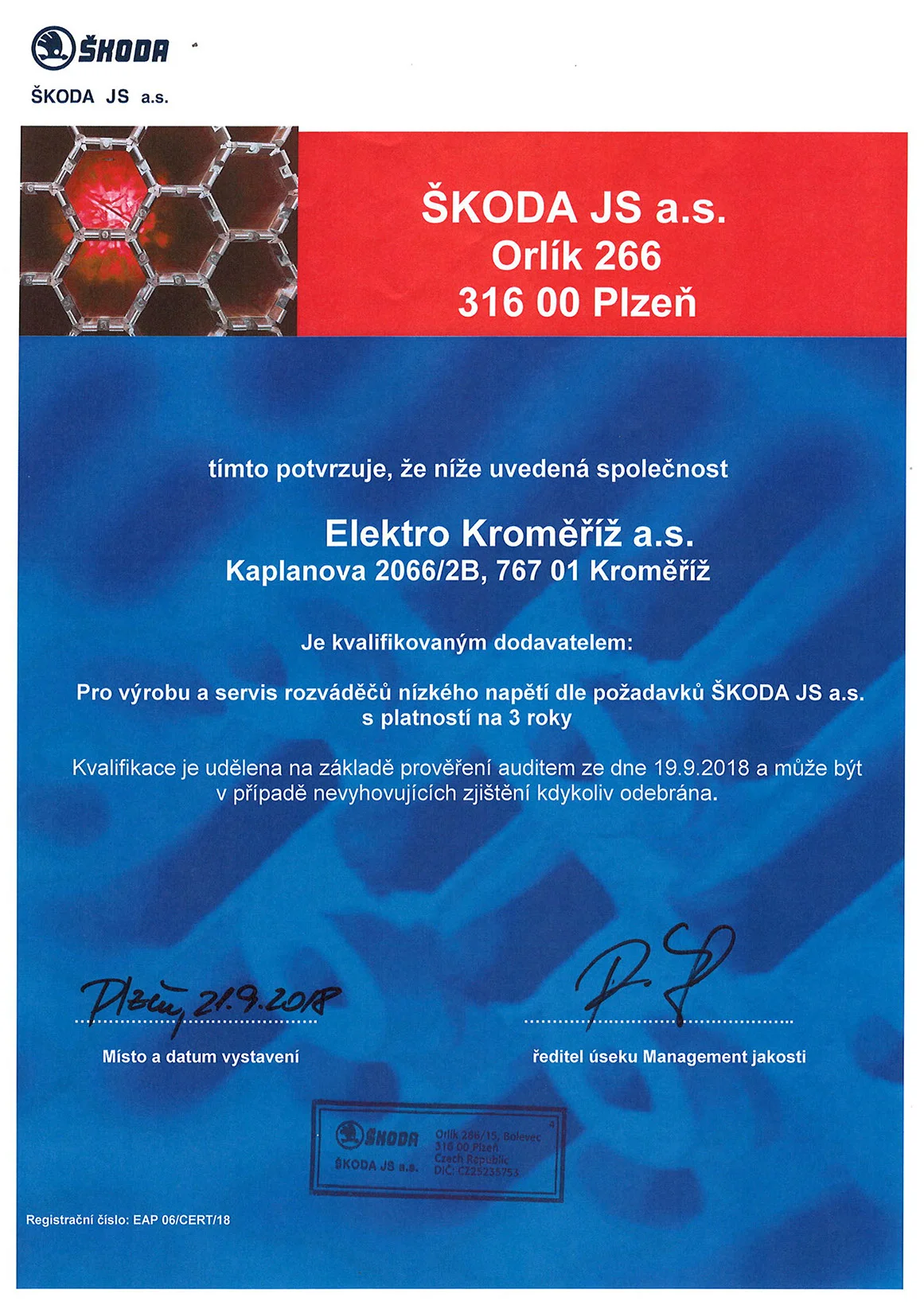 Certifikát ŠKODA JS a.s.